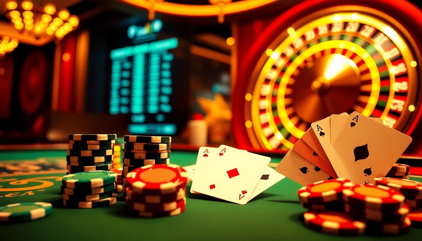 Action engageante de poker dans un luxueux casino en ligne français avec des jetons vibrants et une roulette illuminée.