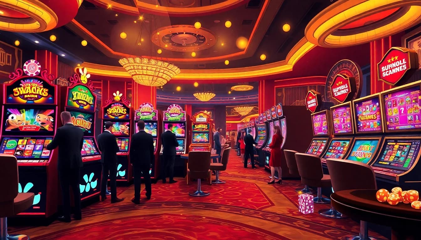 Players enjoying vibrant slot pragmatic play machines in a luxurious casino atmosphere.