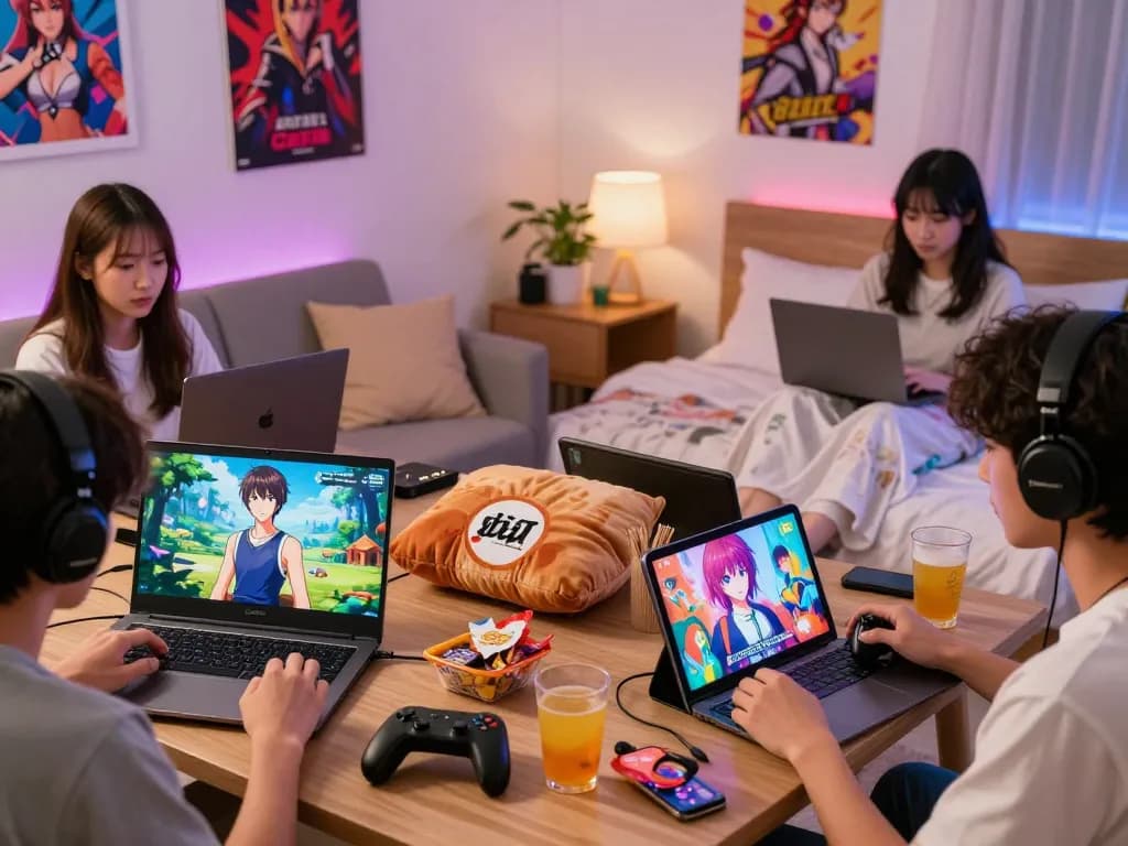 Engaging players immersed in porn games online on laptops and tablets in a cozy gaming environment.
