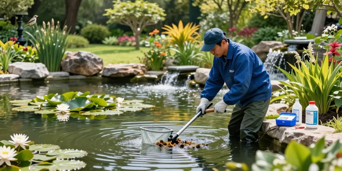 Professional Pond Cleaning London expert removing debris from a serene garden pond, surrounded by water lilies and vibrant greenery.