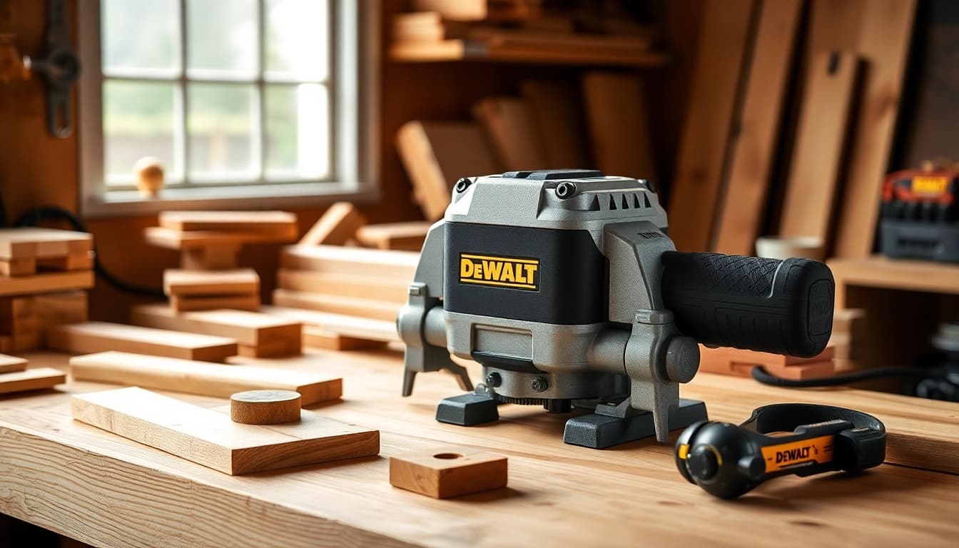 DeWalt D27300 expertly planing wooden pieces in a professional workshop setting.