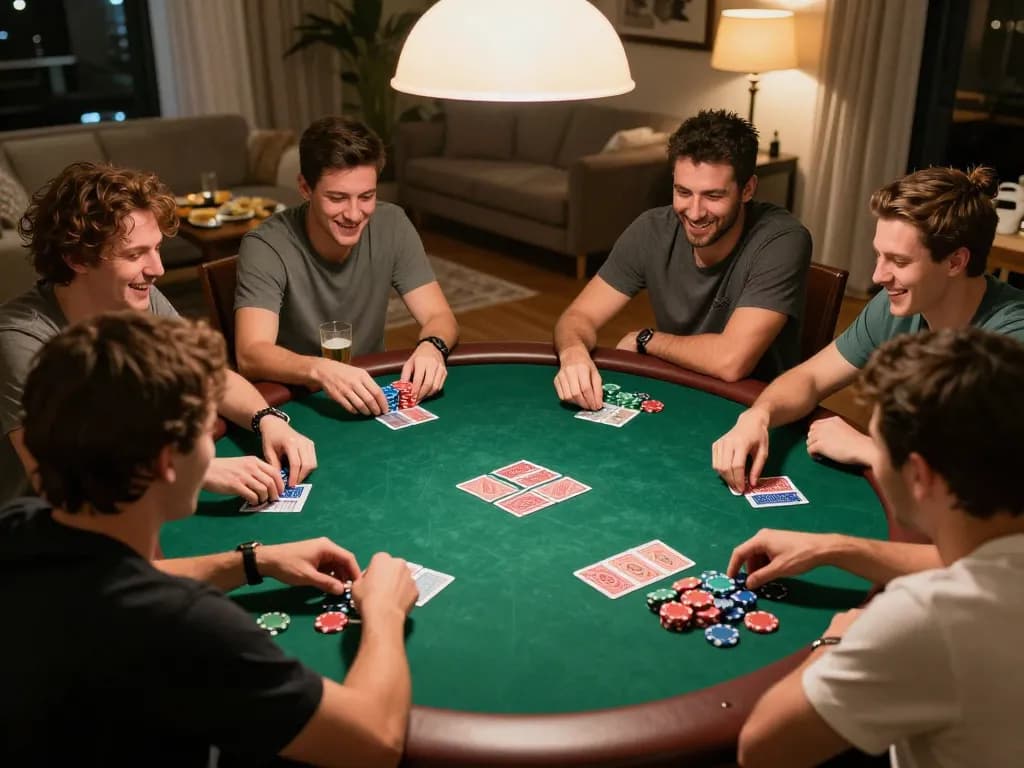 FAFA 828 players engrossed in a thrilling home poker game, showcasing lively competition and strategy.