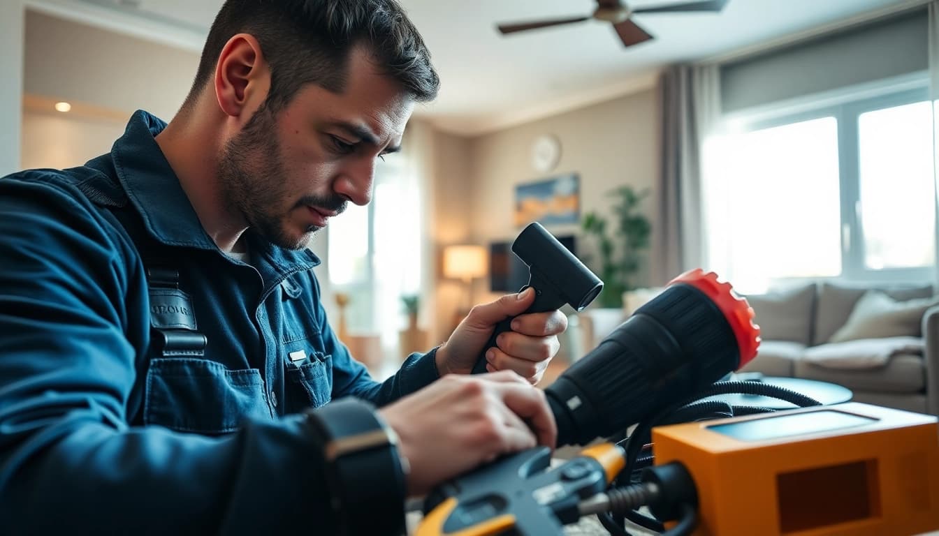 Technician swiftly conducting an emergency HVAC repair, ensuring comfort in a residential setting.