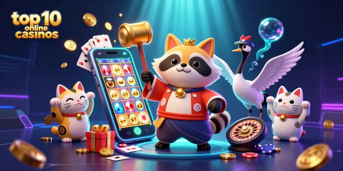 Experience excitement at the top 10 online casinos with vibrant characters and casino-themed elements.