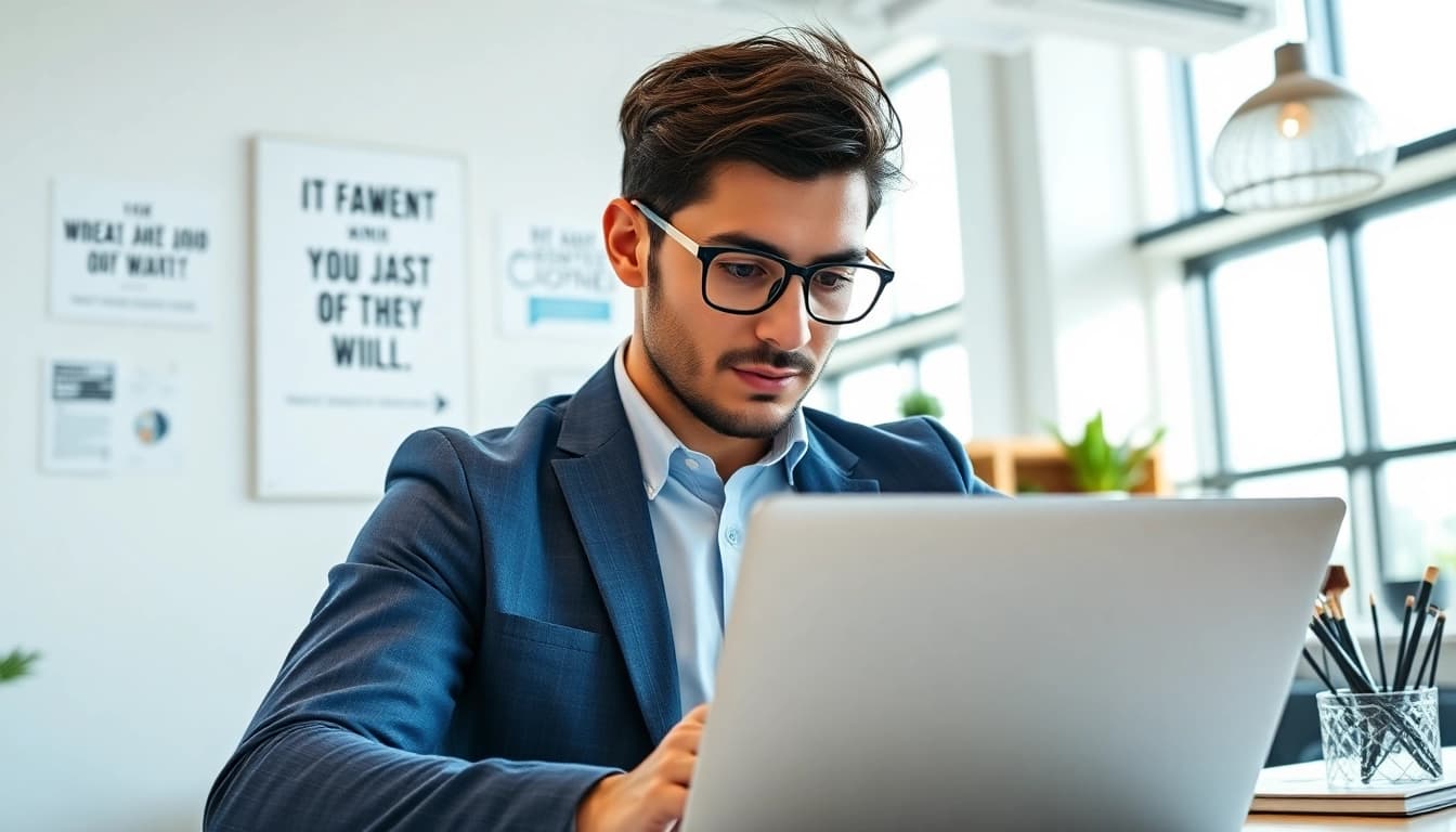 Finding a job in chicago with a job seeker focused on their laptop in a bright office.
