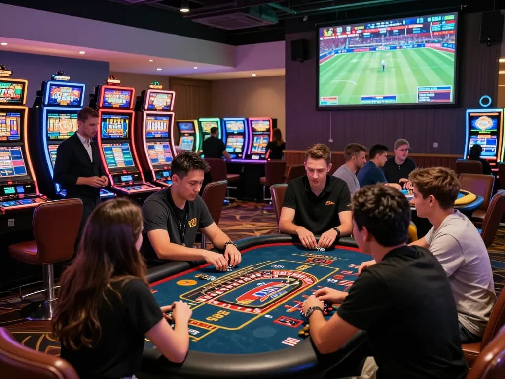 Players enjoying a thrilling casino hubet88 experience with gaming tables and vibrant lighting.