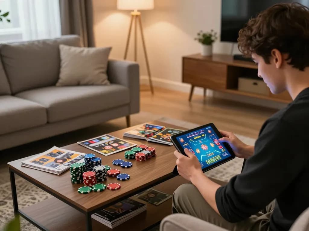 Person enjoying casino esteri per italiani at home on a tablet, surrounded by gaming strategy materials.