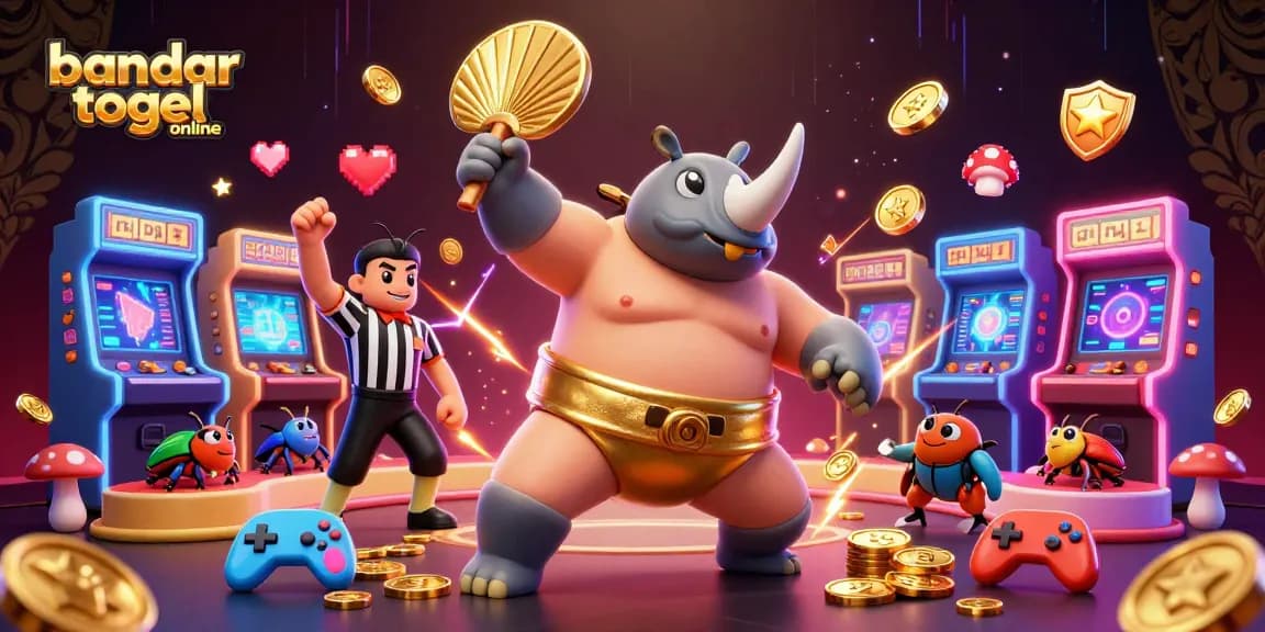 Engage with the exciting bandar togel online scene featuring a sumo beetle champion launching golden coins in a dynamic casino environment.