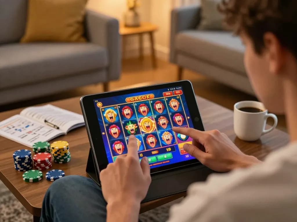 Engaged player enjoying a link gacor slot game on tablet in cozy home setting with strategy notes nearby.