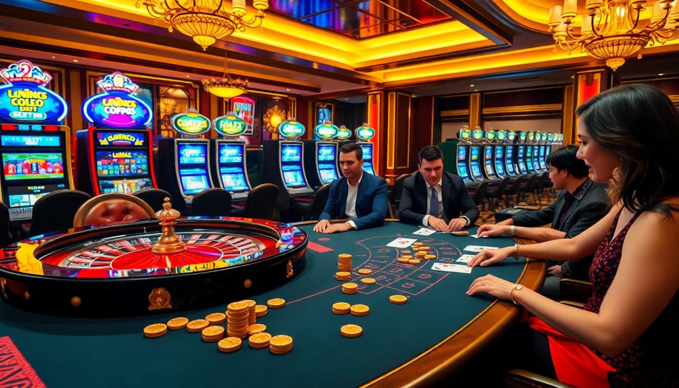 Atmosphère passionnante de casino en ligne français avec roulette, poker et machines à sous vibrantes.