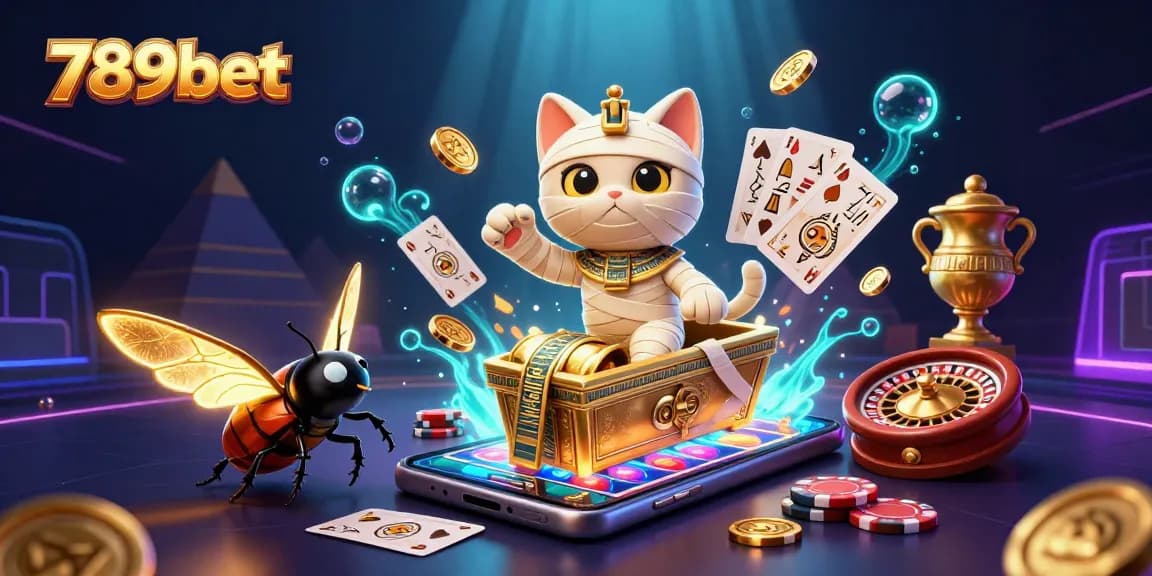 Engage with 789bet in a vibrant scene featuring a cartoon Egyptian mummy cat and gaming elements bursting with excitement.