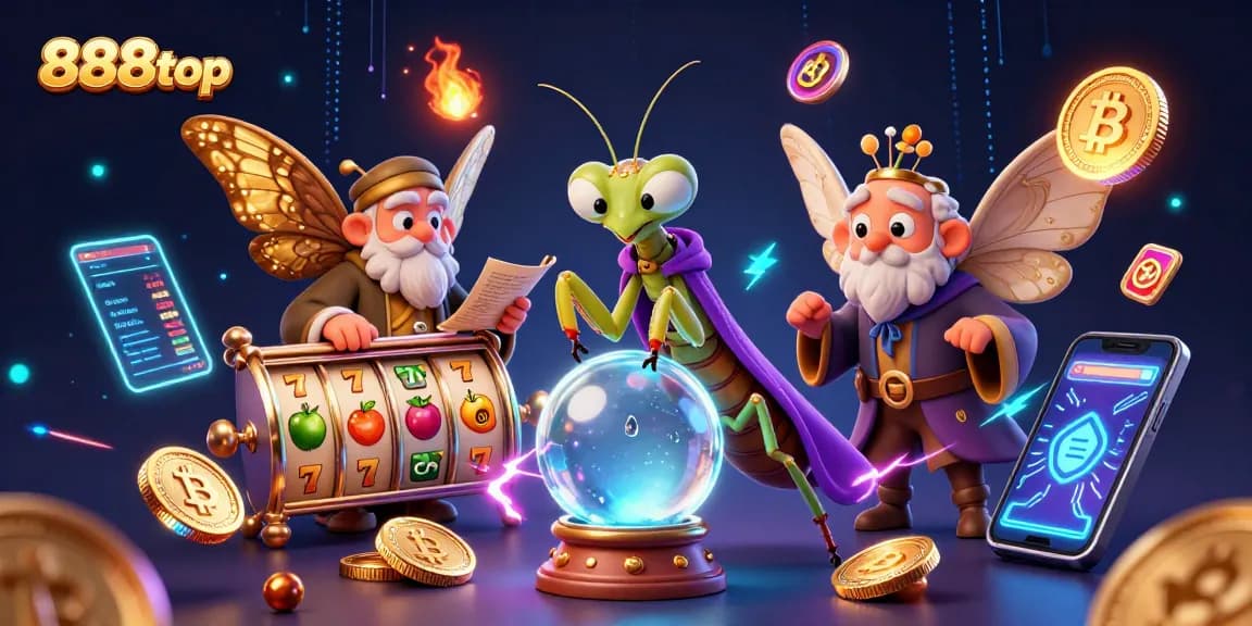 Experience the vibrant world of 888top, featuring a mystical scene with a praying mantis fortune teller and casino elements.