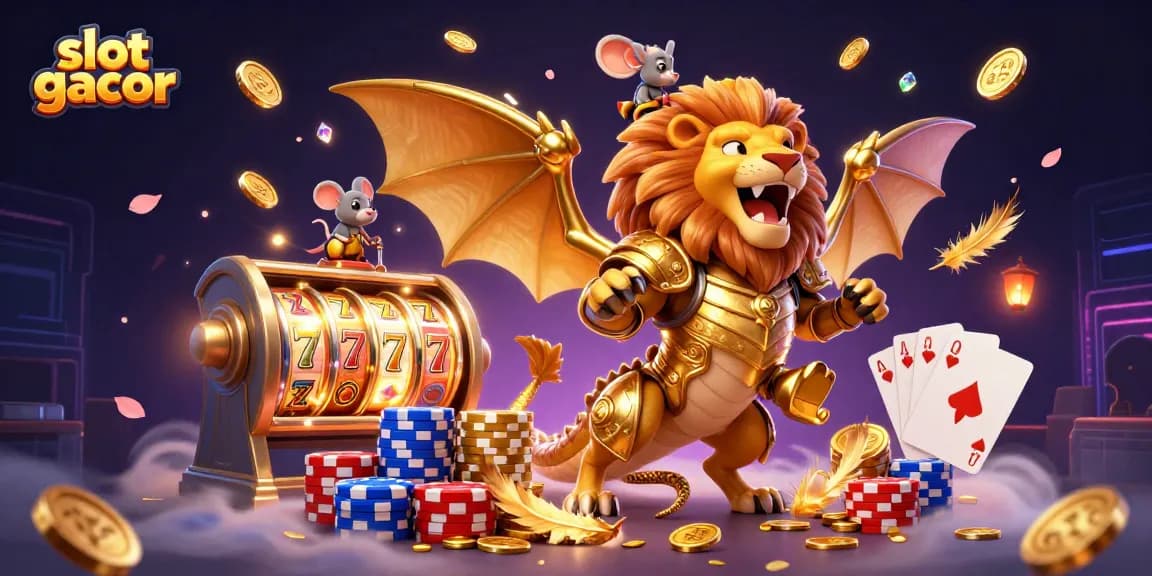 Experience slot gacor excitement with a roaring chimera, coins, and colorful poker chips.