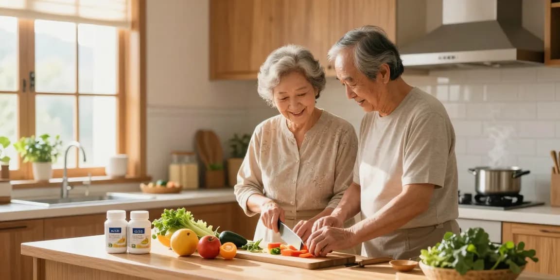 Engaging kitchen scene showcasing an elderly couple cooking together, featuring 長者營養補充品 for healthy meals.