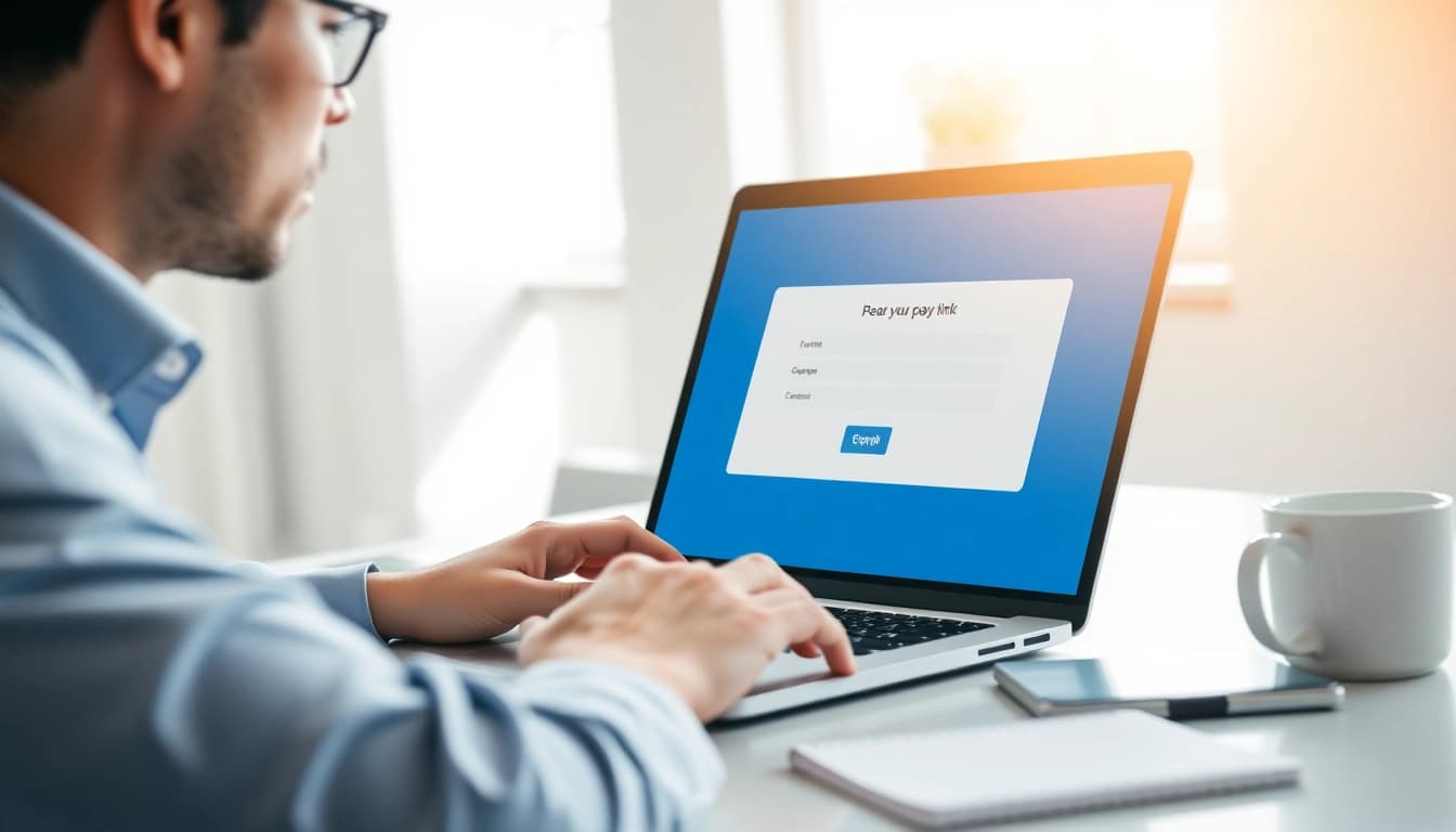 Create a pay link for a file by an individual working on a laptop in an office.