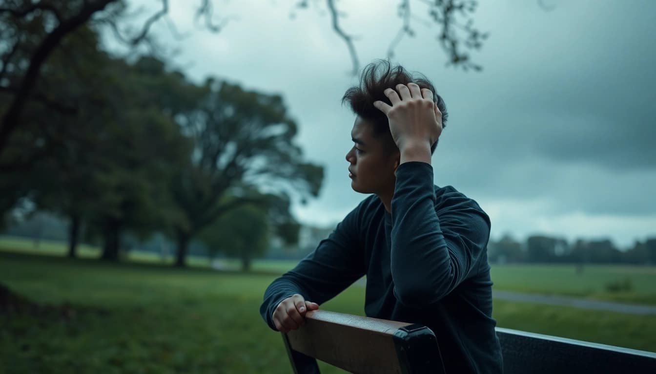 Individual reflecting on depression symptoms in a serene park setting, showcasing deep thought and emotion.