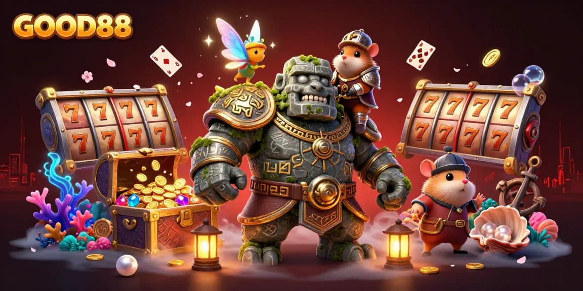 Experience the thrilling slots action with GOOD88's vibrant 3D casino world featuring magical characters.