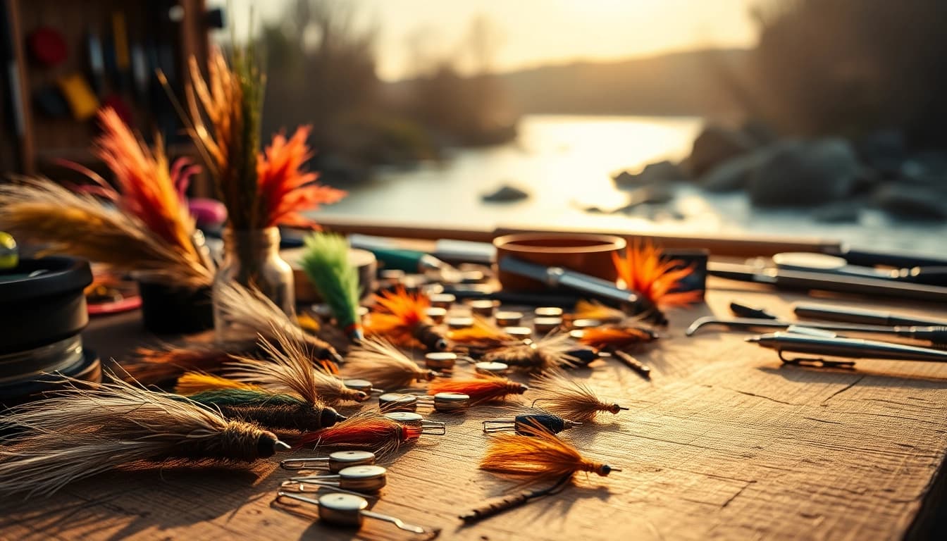 Engaging fly tying scene on a wooden workspace featuring vibrant materials and tools.