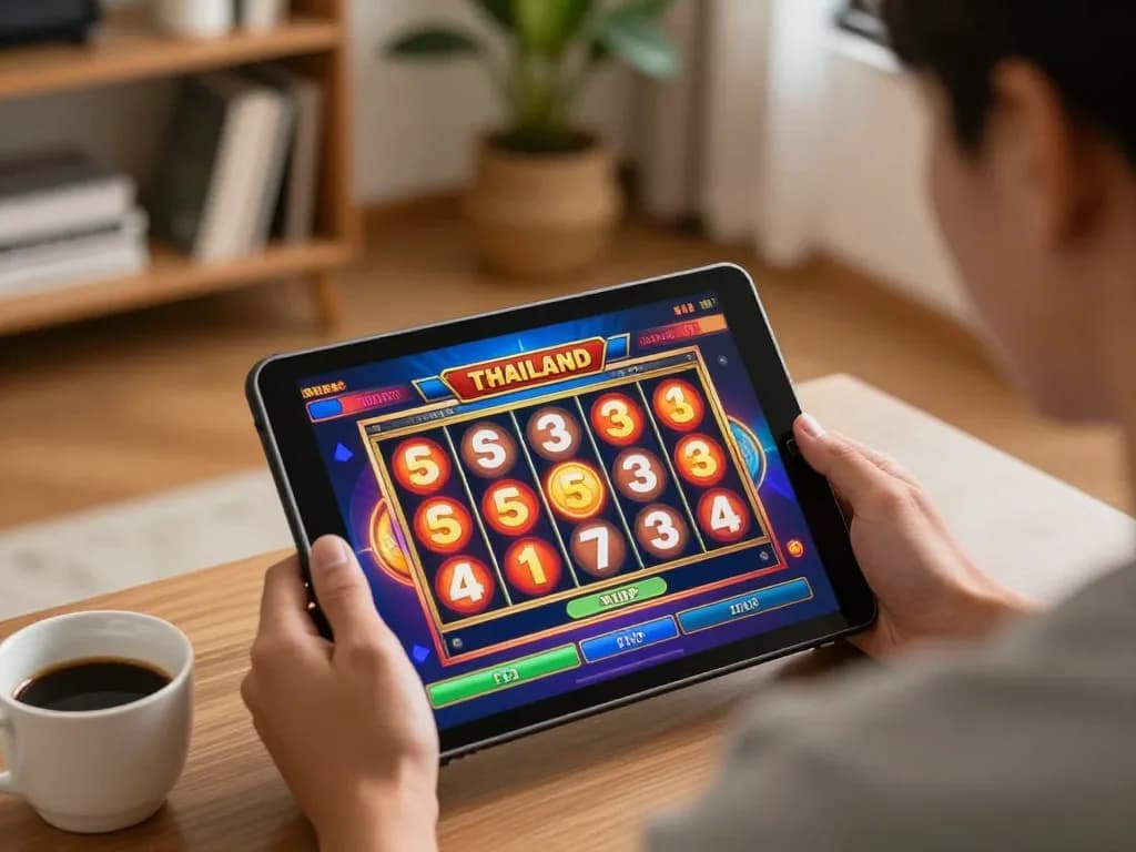Player enjoying thailand slot games on tablet in comfortable home setting with vibrant interface