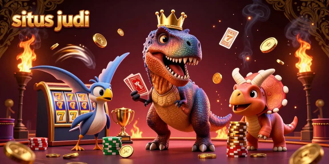 Engage in situs judi excitement with a T-Rex and friends in a dynamic casino scene featuring slots and golden chips.