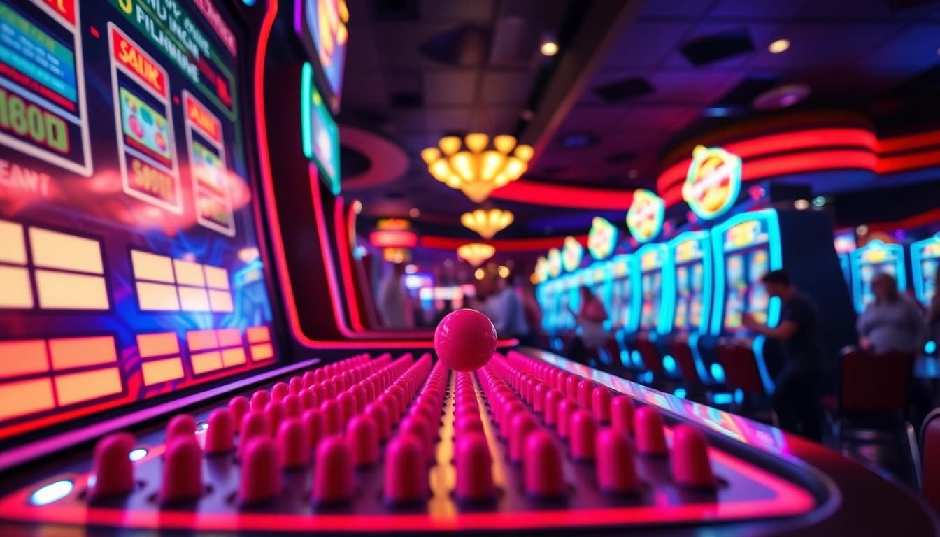 Permainan slot plinko yang menarik menampilkan pemain yang mengoperasikan bola pada papan bertingkat.