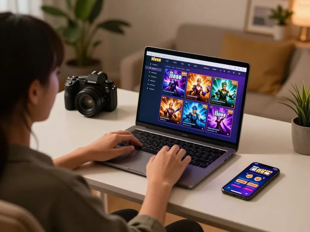 Playing สล็อต888 on a laptop, enjoying a comfortable home gaming setup with vibrant graphics.