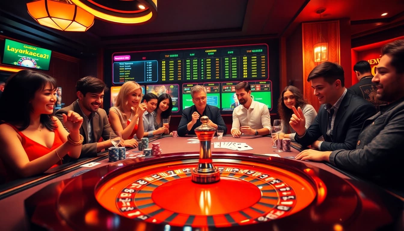 Players engaging in thrilling casino action at a vibrant table featuring layarkaca21 strategies.