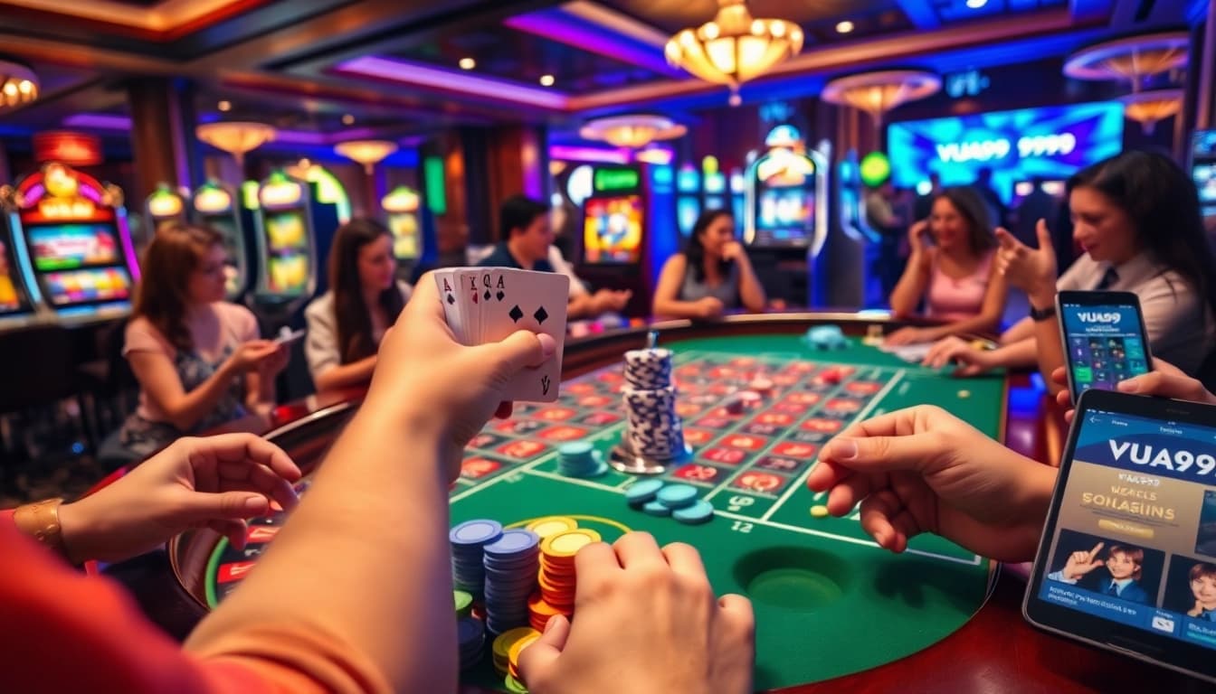 Exciting gaming scene showcasing trang cá cược vua99 with players at a roulette table and online betting devices.