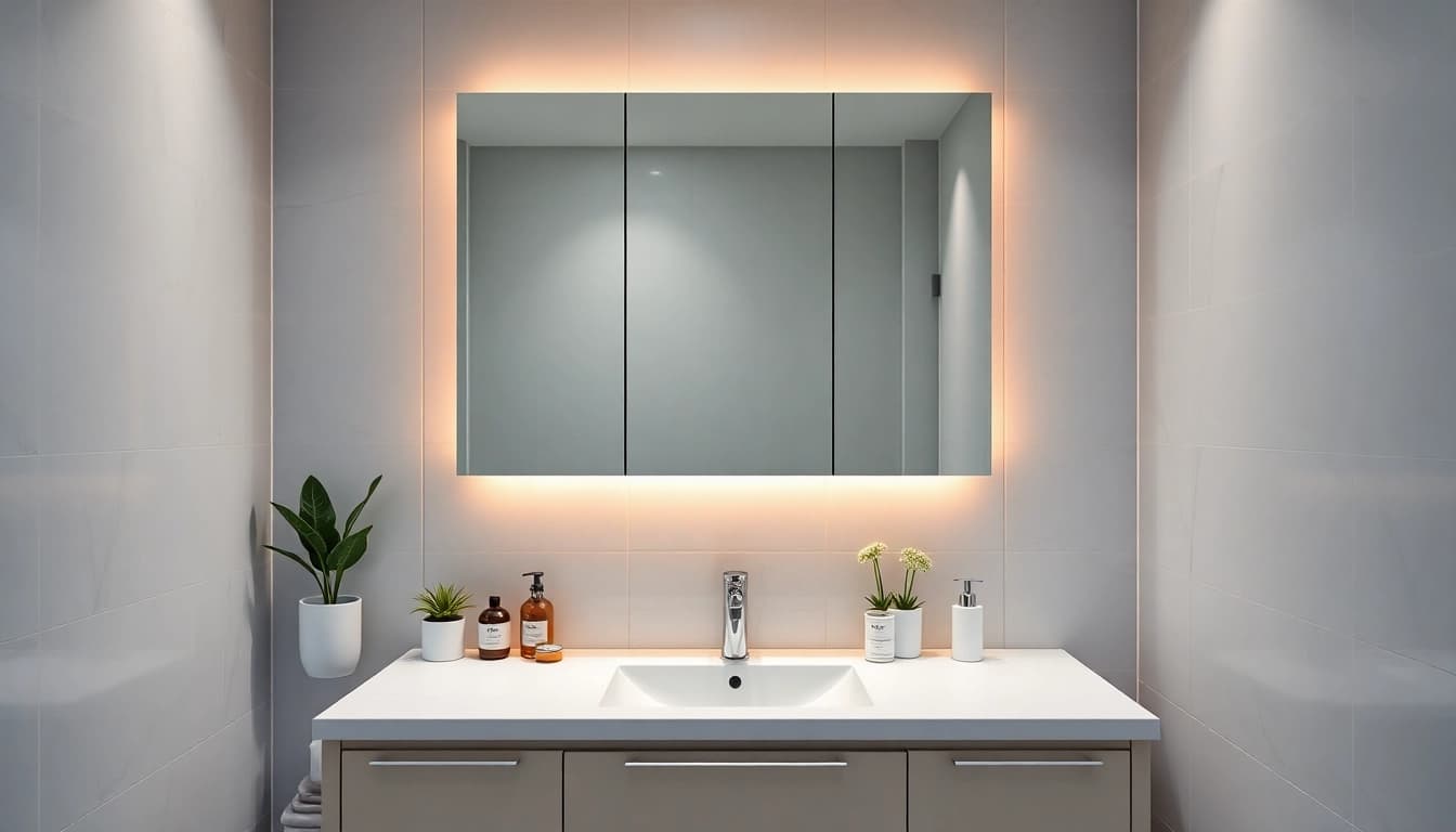Zeigt einen eleganten spiegelschrank led im modernen Badezimmer mit sanfter Beleuchtung.