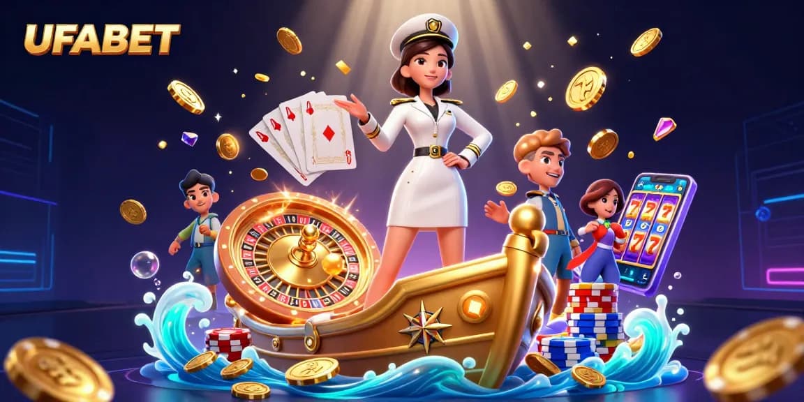 Experience thrilling casino action with UFABET featuring women in elegant attire and dynamic game elements.