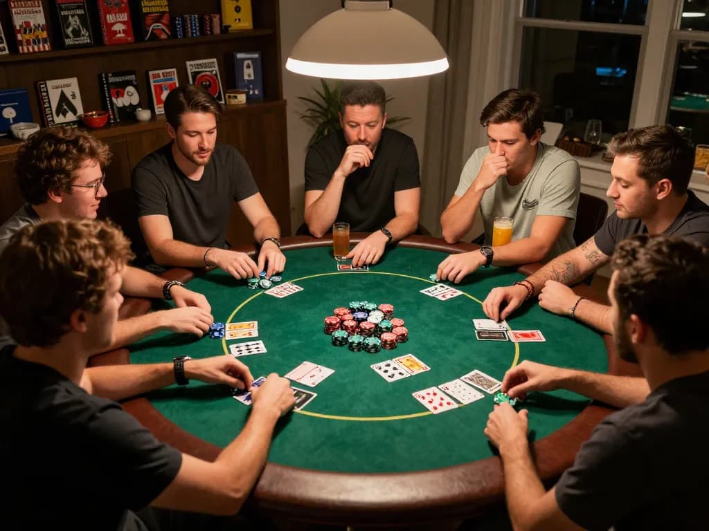The hidden wiki themed cozy home poker night with friends intensely playing Texas Hold'em, vibrant atmosphere with chips and cards