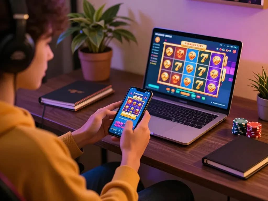 Play exciting slots on situs slot777 while enjoying a comfortable home gaming setup with colorful displays.