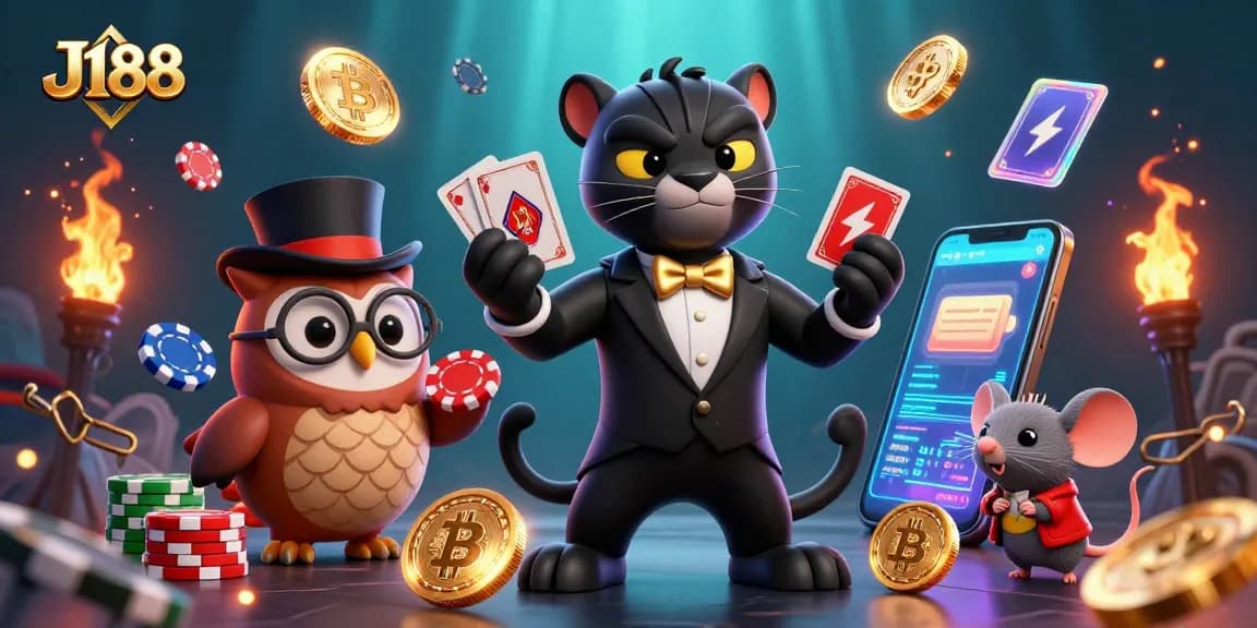 Bet big on J188 with a vibrant 3D scene featuring a tuxedo panther and poker elements.