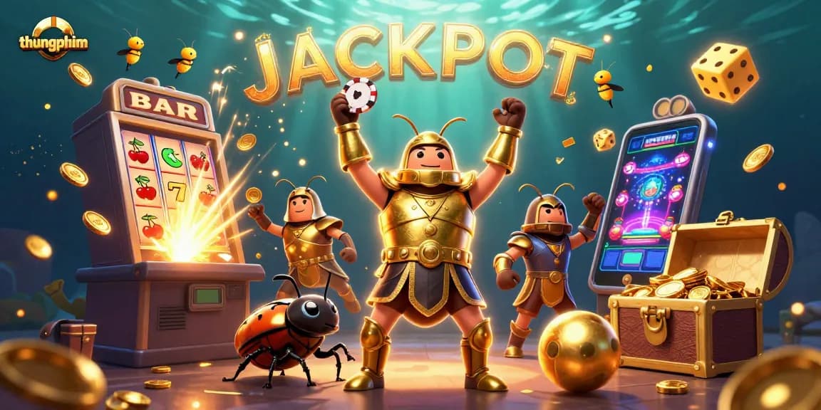 Engage in thungphim with a triumphant hercules beetle at a colorful casino jackpot scene.
