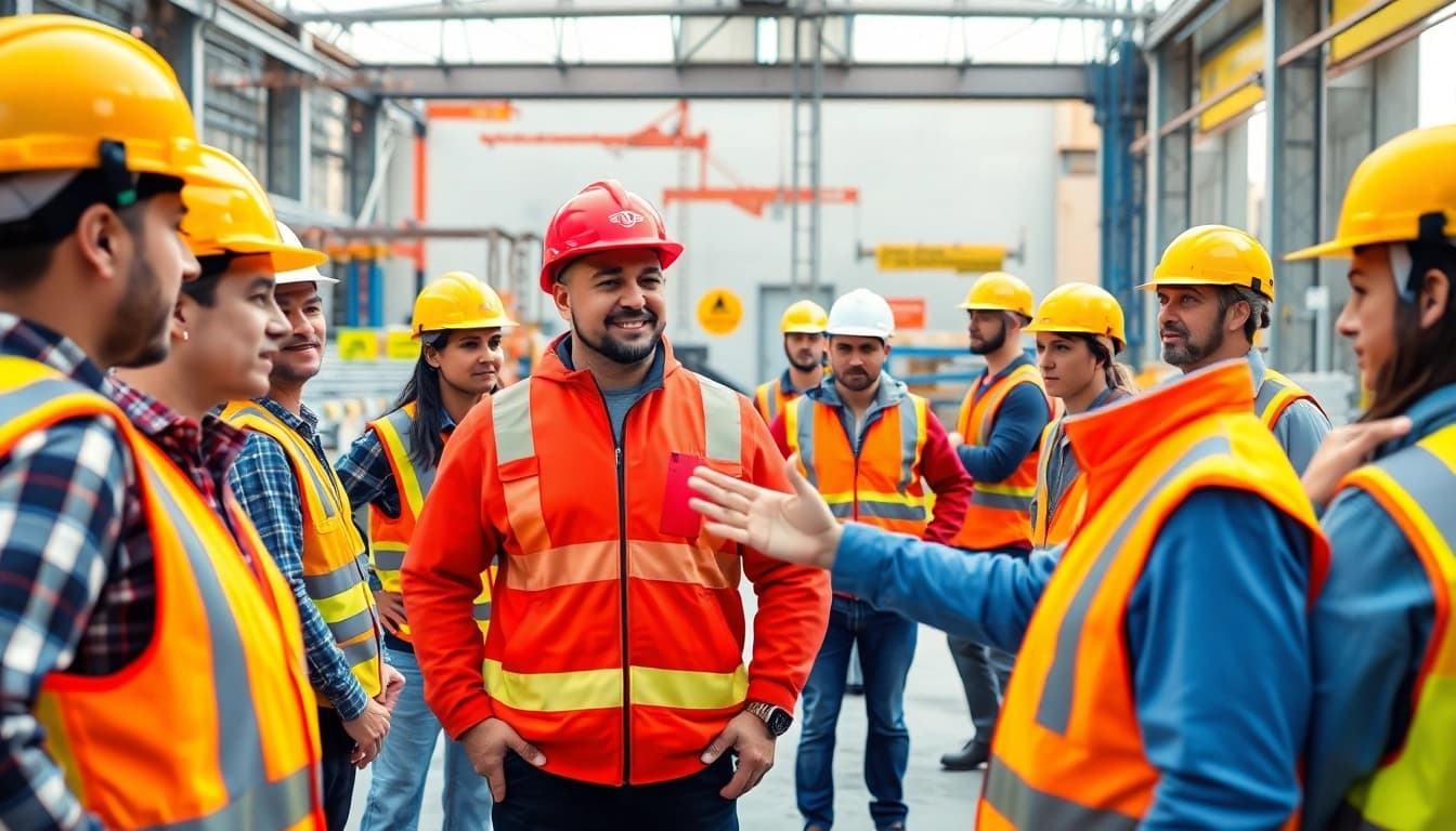 Workers participating in construction safety training with proper gear and equipment.