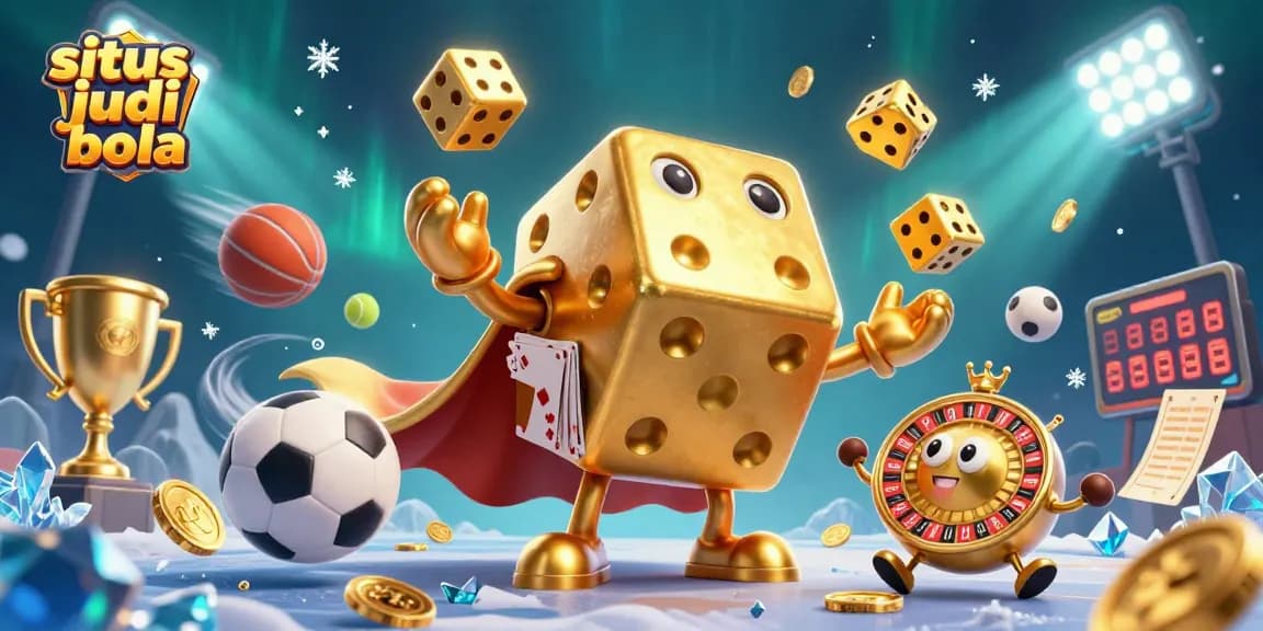 Situs judi bola showcases a lively 3D carnival of sports betting with golden dice and flying sports balls.