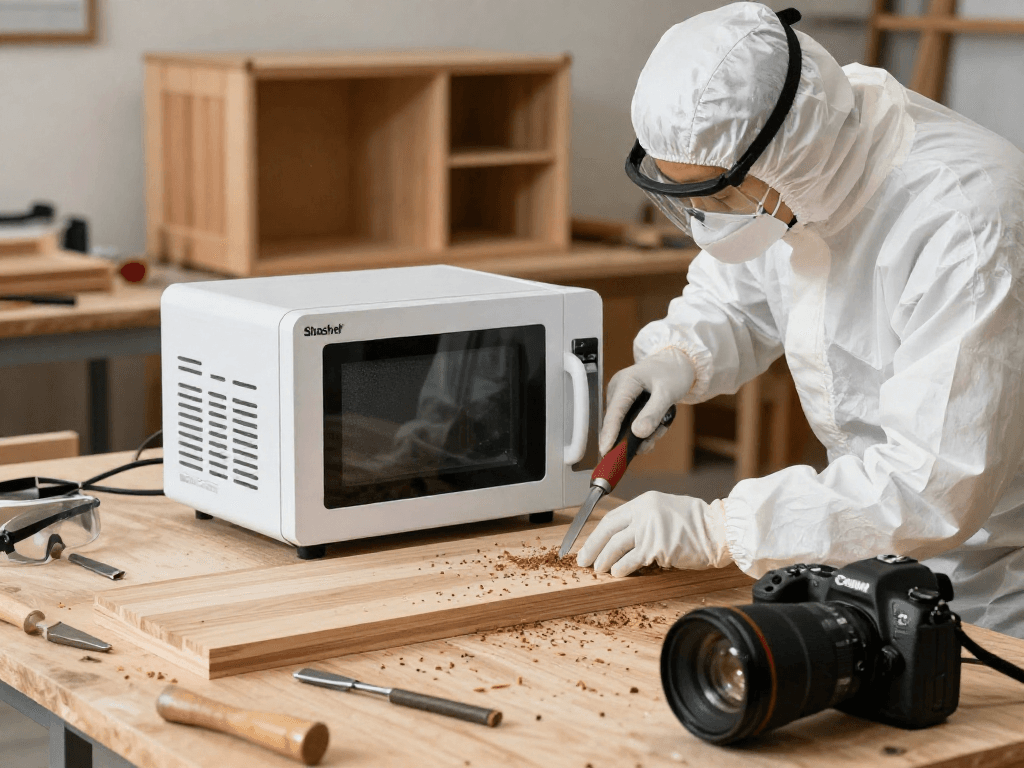 Shashel® microwave device in action treating wooden furniture for woodworm, showcasing professional pest control techniques.