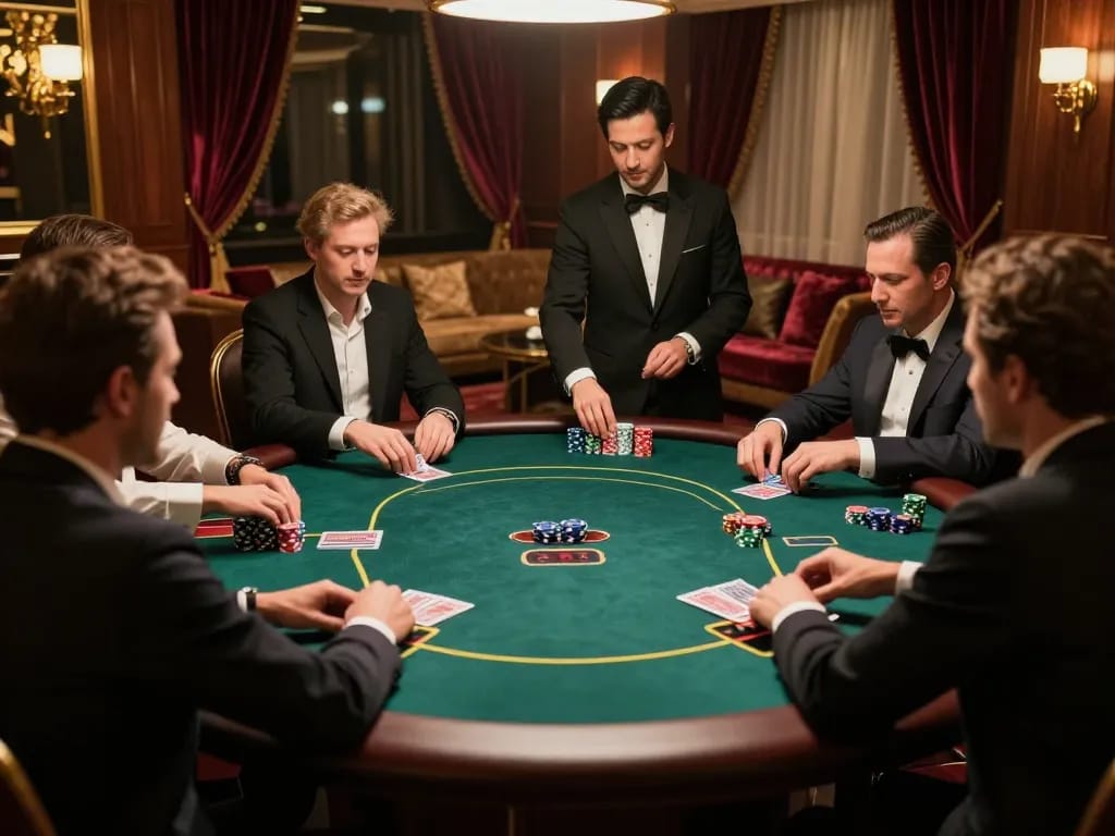 Engaged players strategizing in a high-stakes poker game at 79KING's exclusive VIP table.