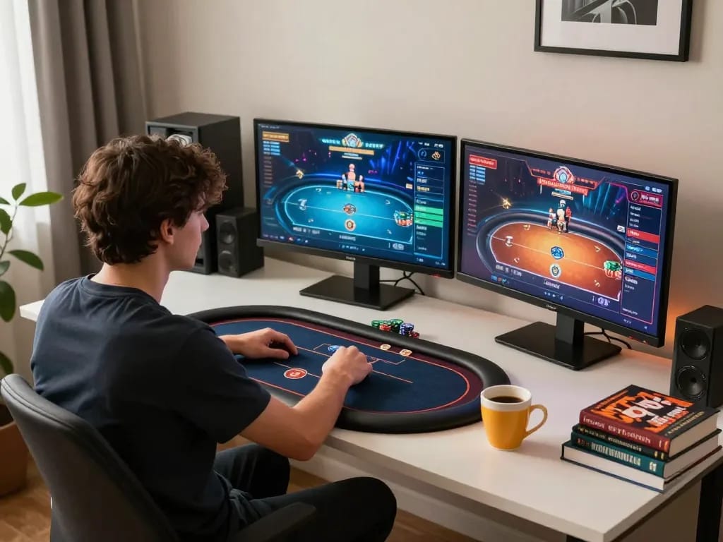Engaging in Poker Online with multiple screens showing vibrant game interfaces for strategic gameplay.
