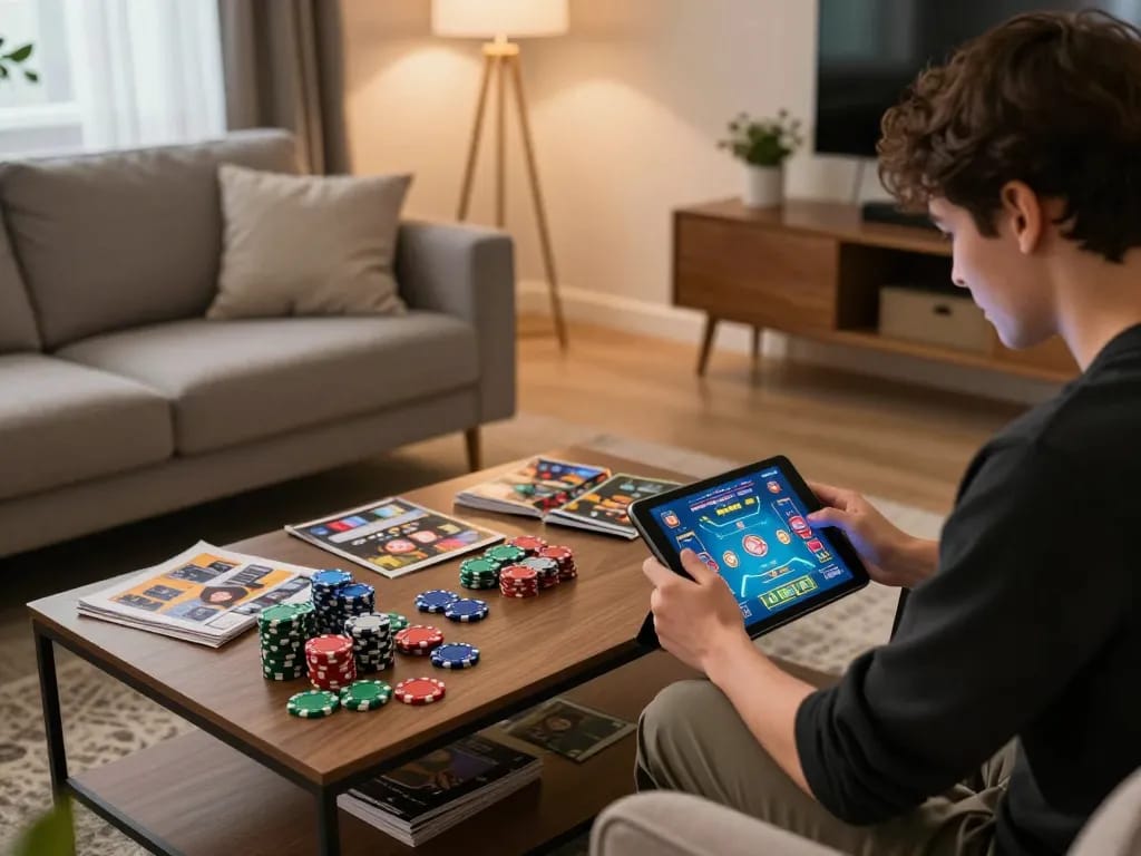 Person enjoying casino esteri per italiani at home on a tablet, surrounded by gaming strategy materials.
