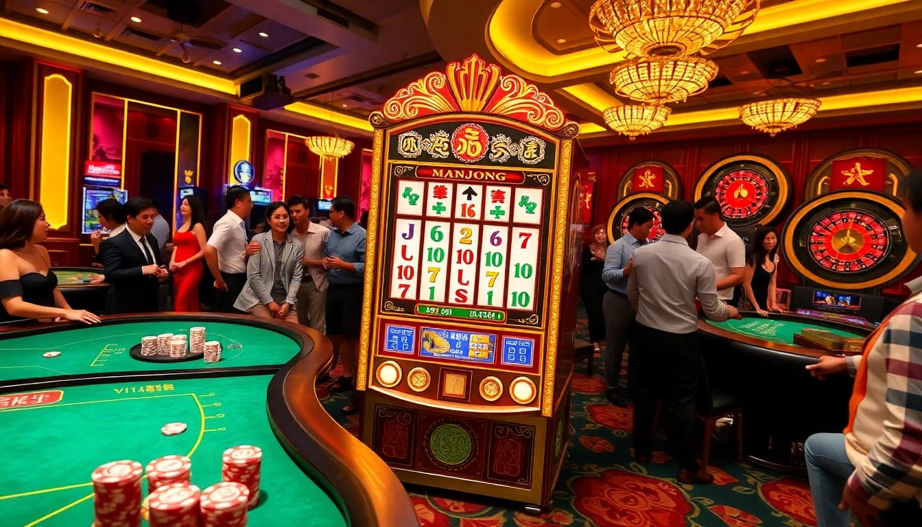 Experience the thrill of the mahjong slot demo with a vibrant casino backdrop featuring players and gaming tables.