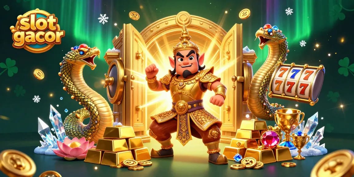Experience slot gacor thrills with a vibrant 3D casino illustration, featuring dynamic characters and sparkling treasures.