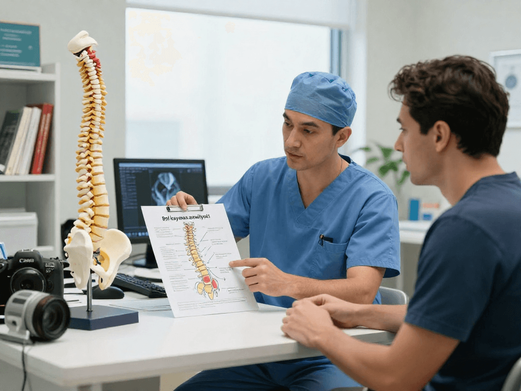 Consultation on Bel kayması ameliyatı with a surgeon explaining treatment options in a bright medical office.