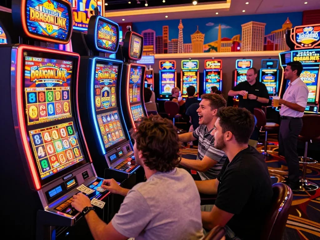 Suasana kasino yang mengasyikkan menampilkan pemain di mesin link slot merayakan kemenangan jackpot di suasana Las Vegas yang cerah.