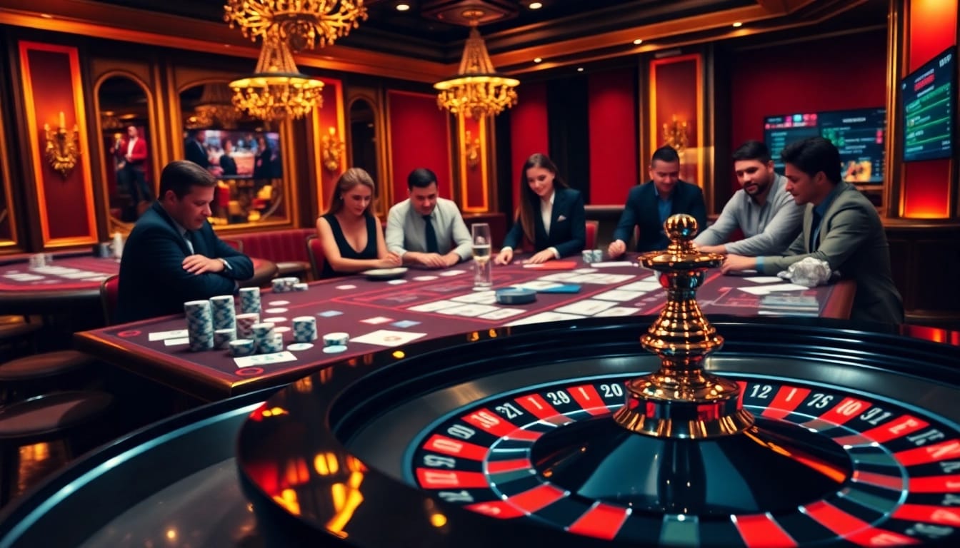 Des joueurs engagés profitent d'une expérience palpitante à une table de casino en ligne français, remplie de cartes et de jetons de poker.