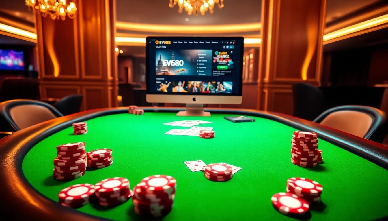Join the action at ev88.claims, featuring an elegant poker table amid luxury casino vibes.