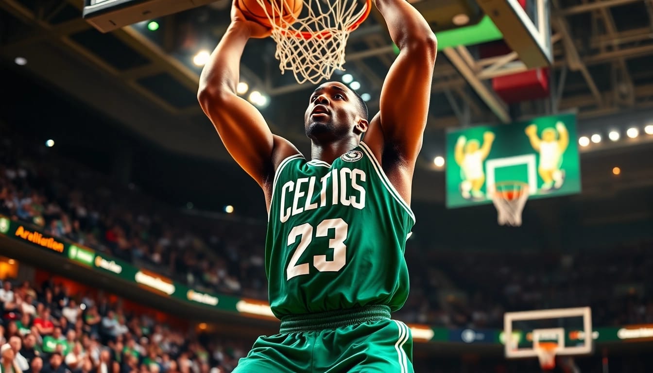 Dee Brown performing the iconic "Peek-A-Boo" dunk in a vibrant basketball arena.
