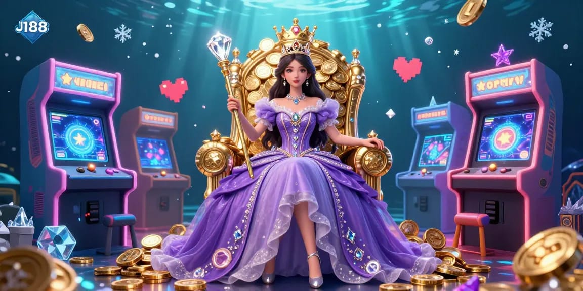 Experience thrilling gaming action at J188 with a beautiful princess surrounded by vibrant casino elements.