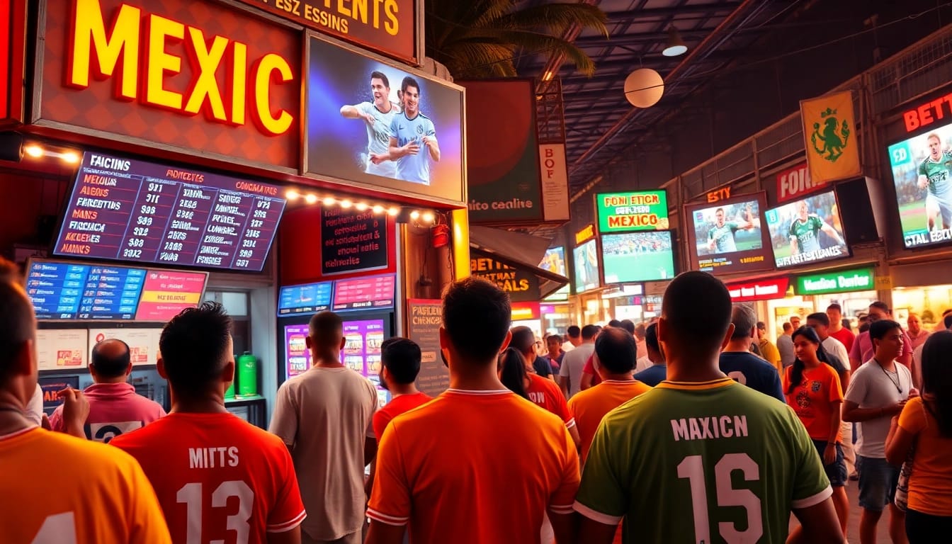 Experience the excitement of sports betting Mexico with lively fans and betting kiosks in a vibrant scene.