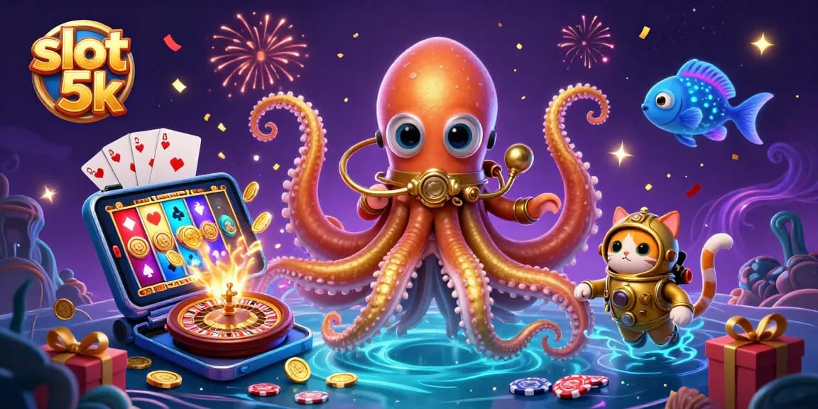 Spin and win big with slot 5k, featuring dynamic illustrations of a kraken and diving cat in a colorful casino scene.